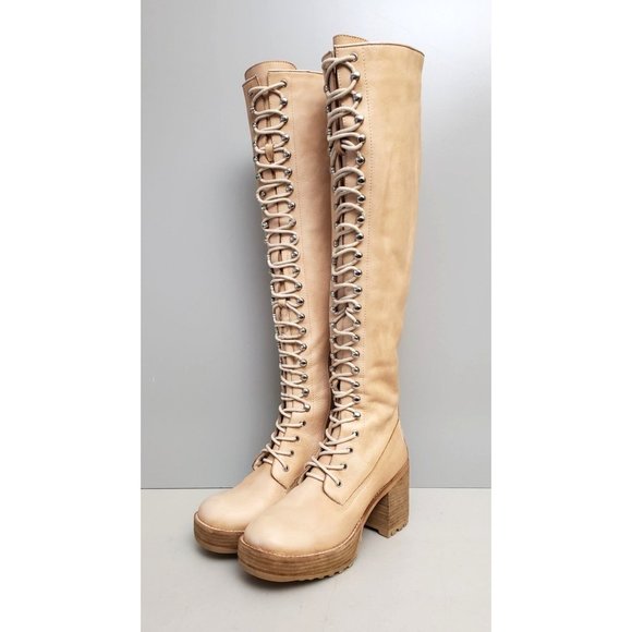 Jeffrey Campbell Haley Over The Knee Lace Up Boots Tan Leather Size 8.5 - Picture 2 of 7